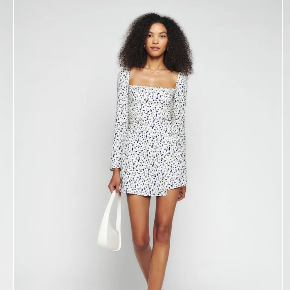 NWOT Women’s Reformation Rosalie Long Sleeve Mini Dress Blue & Cream Size 4